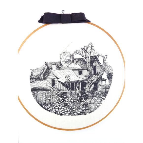 Vintage Printed Needlepoint Country Home Hoop Wall Hanging Countrycore Decor - Picture 2 of 5